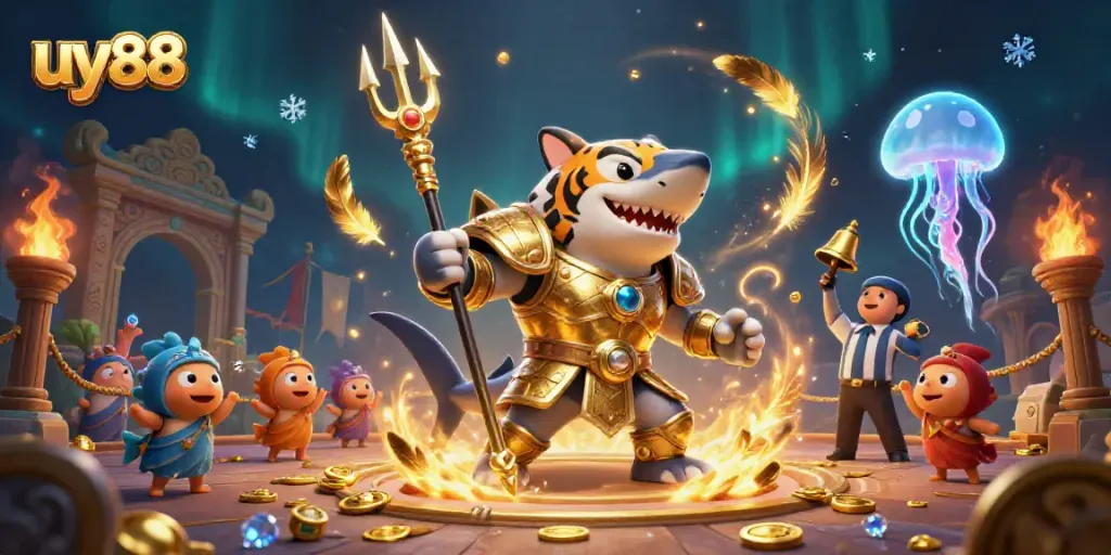 Win big with uy88 at an energetic underwater gaming arena featuring a golden shark warrior.