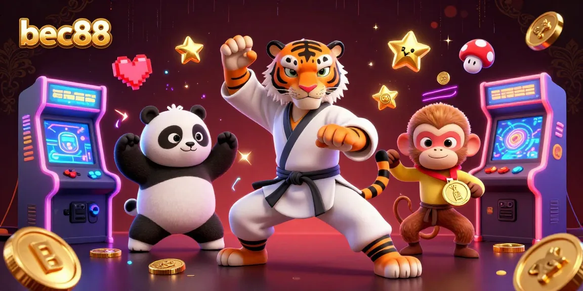 Experience thrills at bec88 with a lively gambling scene featuring colorful game elements and characters.