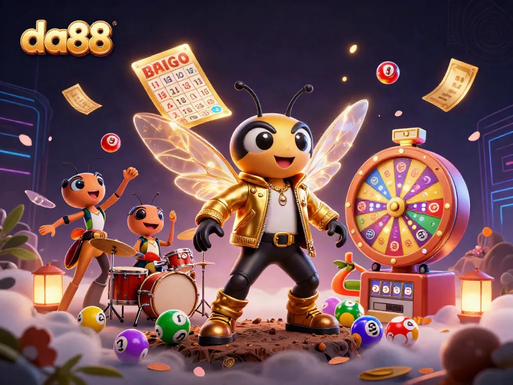 Experience excitement at da88 with vibrant characters amidst lottery elements in a dazzling scene.