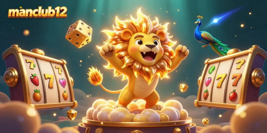 Experience excitement with manclub12's thrilling casino adventure featuring a roaring lion and dynamic slots.