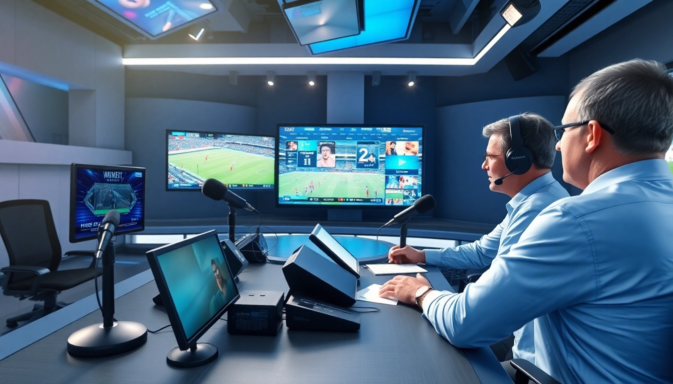 Engaging scene of sports broadcasting with analysts discussing live sports insights.