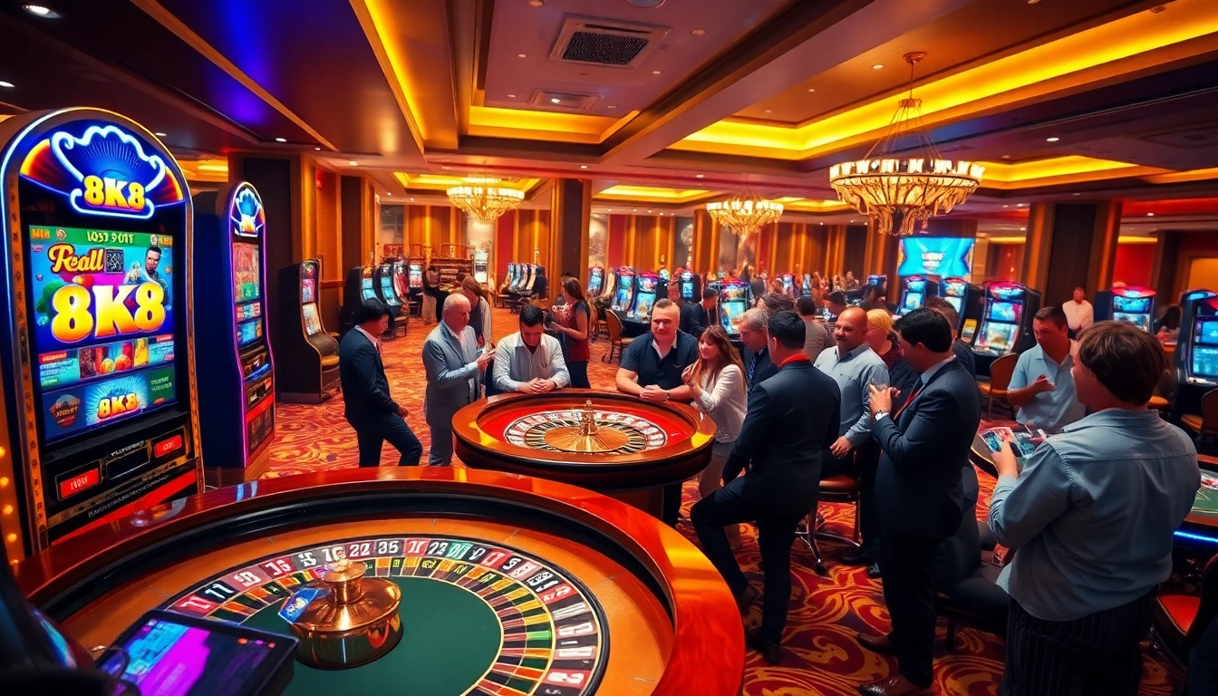 Players enjoying an engaging game at the 8k8 casino, featuring vibrant slot machines and roulette tables.