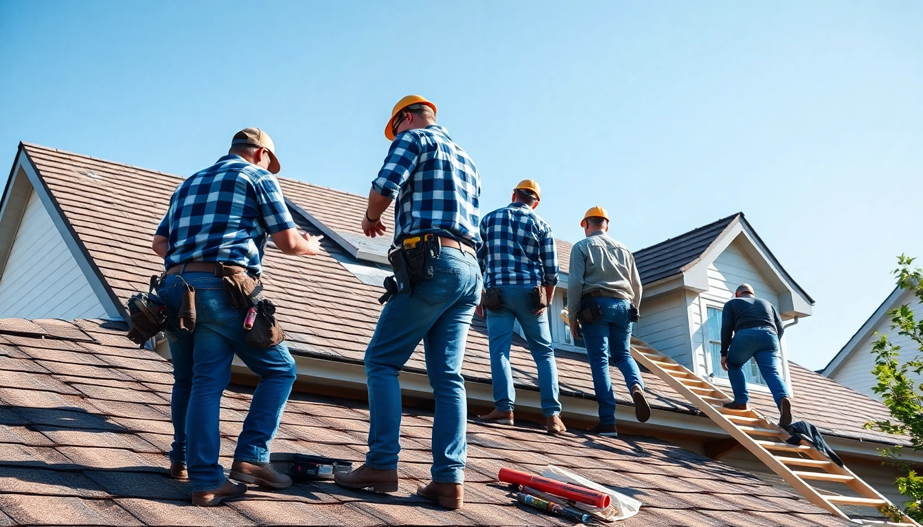 Reliable roofing company team installing shingles on a house roof