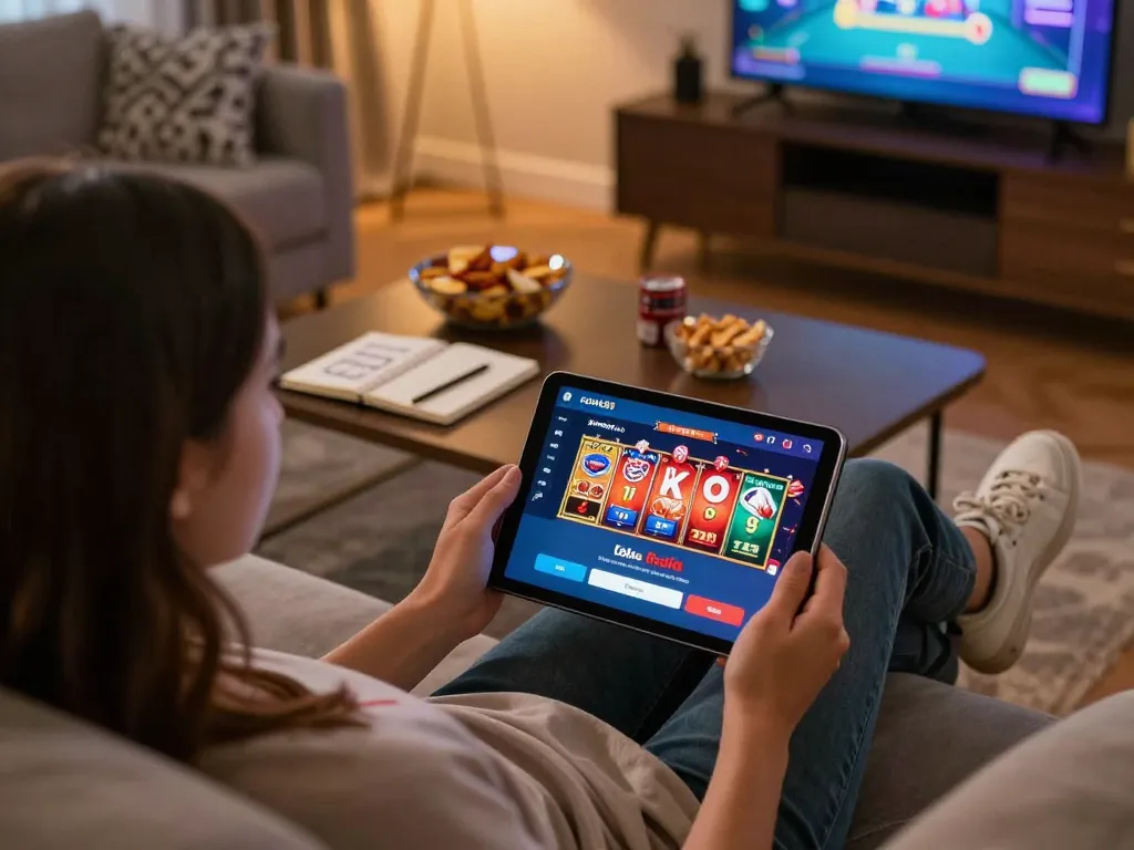 rokok88 login seen on a tablet during a cozy online gaming session with snacks nearby