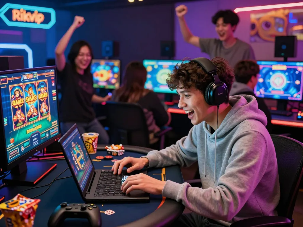 Cổng game Rikvip offering thrilling online gaming experience with players immersed in games and vibrant atmosphere.