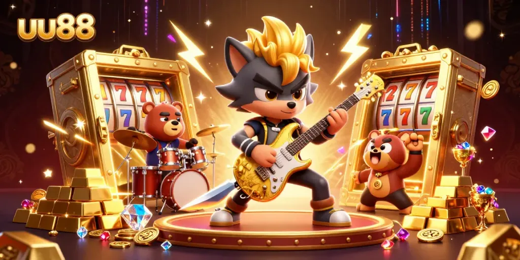 uu88 showcases an electrifying casino scene with a rock star wolf and treasures illuminating the stage.