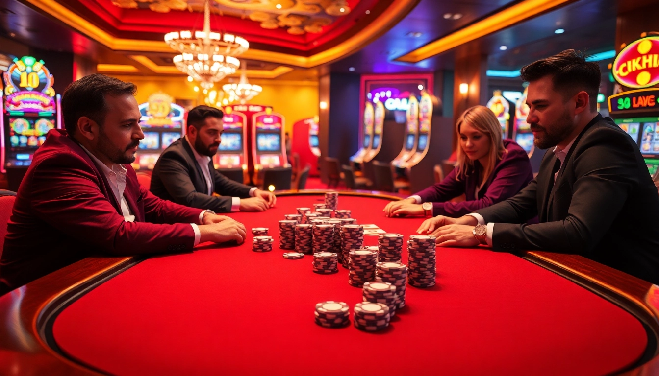 Cakhia players engaging in high-stakes poker at an elegant casino, showcasing excitement and strategy.