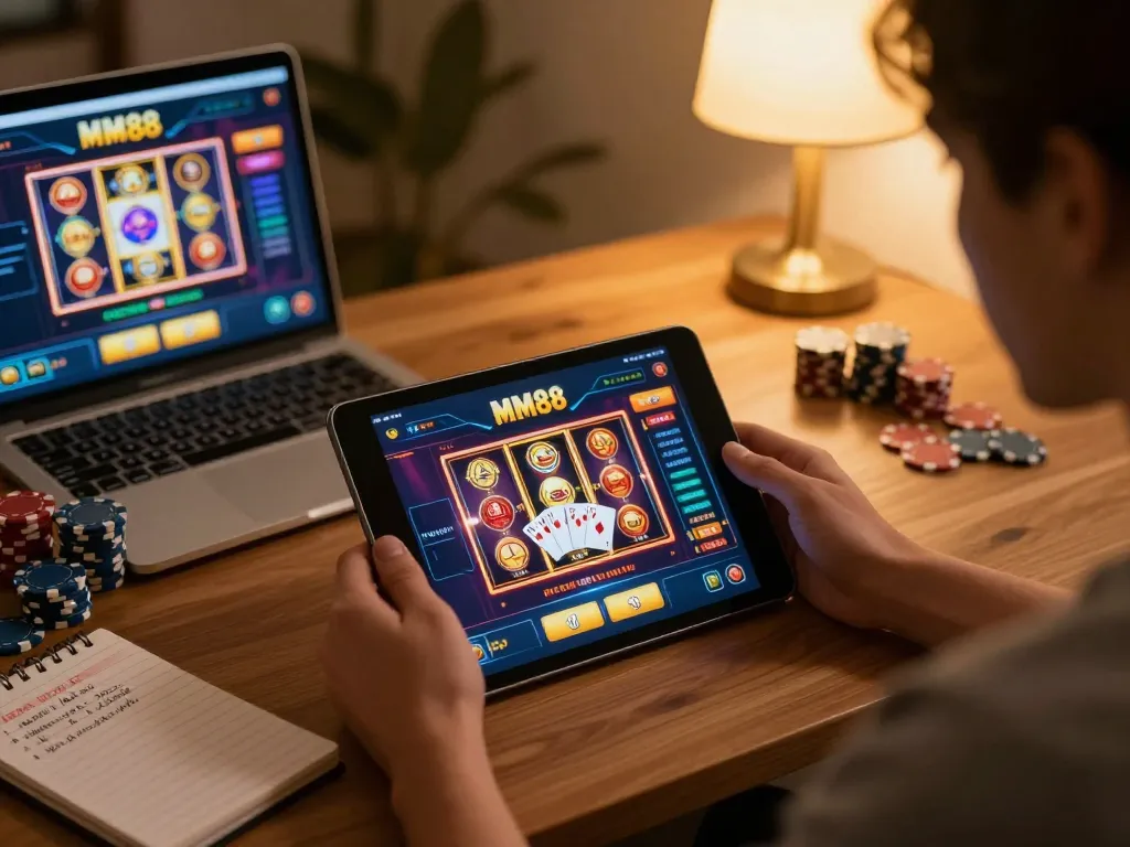 Engage with your gaming strategy using the Link vào chơi MM88 app on a tablet in a cozy setup.