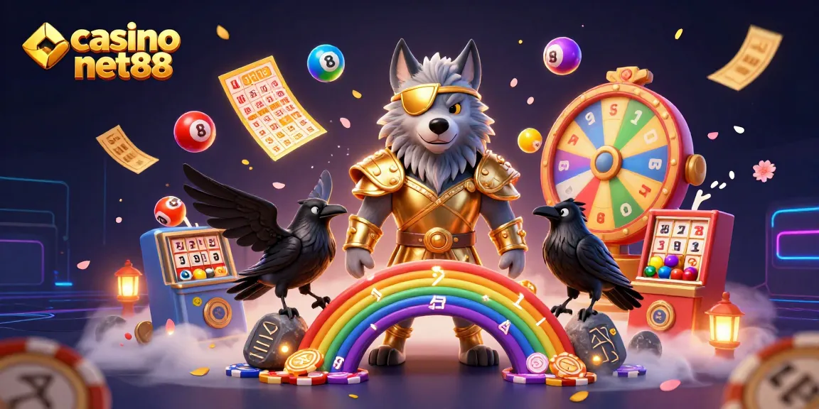 Feel the thrill at casino net88 with vibrant characters, games, and flying lottery balls.