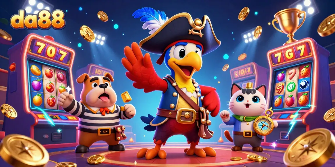 Experience thrilling gaming with da88 as the pirate captain leads a vibrant casino adventure filled with slot reels and gold coins.