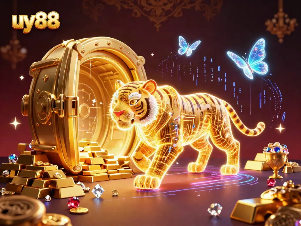 Experience the excitement of uy88 with a vibrant 3D digital casino scene featuring a neon tiger and treasures.