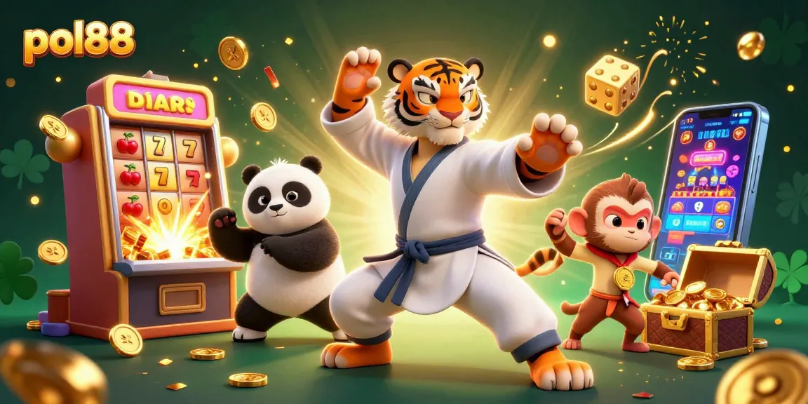 Gambarkan aksi menarik pol88 dengan harimau kung fu dan panda di mesin slot penuh harta karun.
