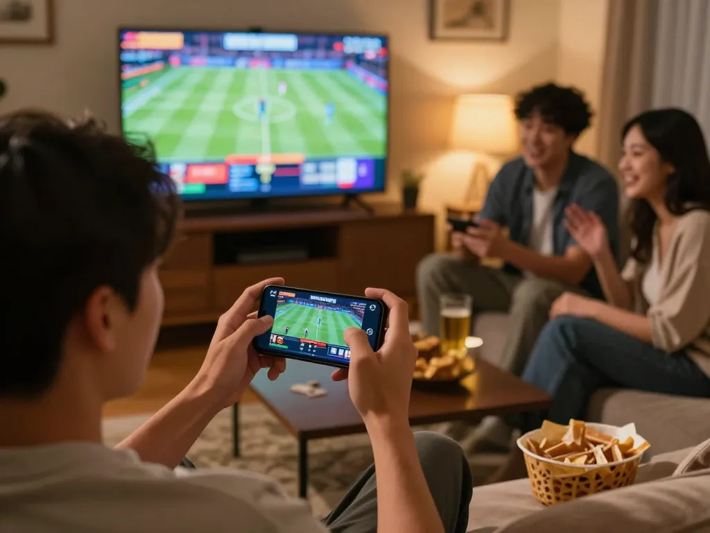 Engaging sports betting scene at home with VA88 displayed on smartphone, showcasing excitement and strategy.