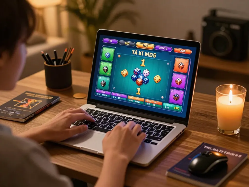 Tải xỉu md5 gaming setup with player engaged in online play, showcasing vibrant game interface and strategy materials