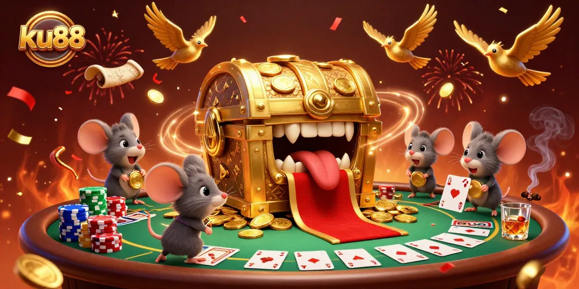 Join the adventure at ku88 with a golden treasure chest and poker chaos!