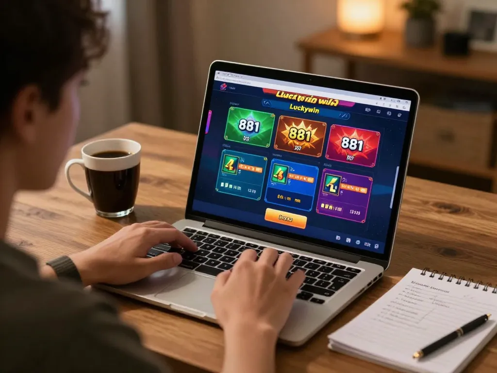 Engaging gameplay on Luckywin 881 at home with strategic notes and a laptop showing vibrant options.