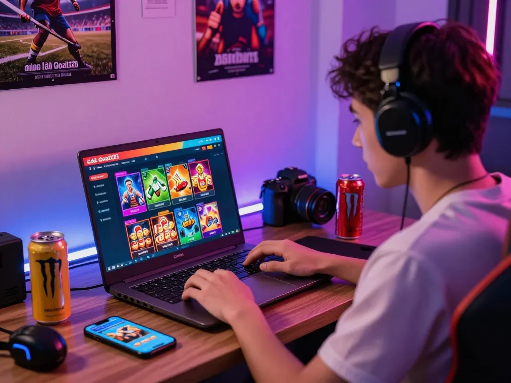 Engaging user at nhà cái Goal123 platform with laptop, showcasing vibrant gaming interface and accessories, illustrating the excitement of online gaming.