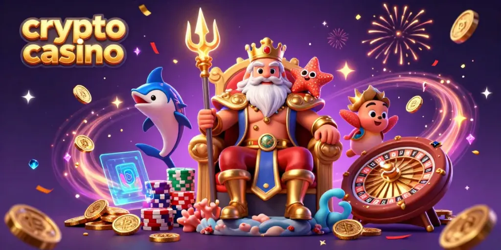 Experience the excitement of a crypto casino with vibrant games and characters in a magical underwater scene.