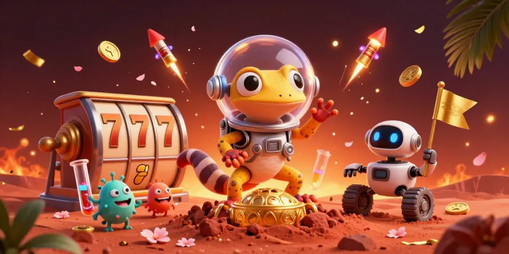 Experience the thrilling adventure of 11win with a Martian gecko discovering a vibrant casino