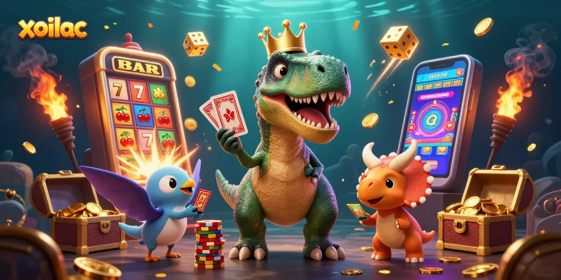 Experience the excitement of xoilac with a unique 3D cartoon scene featuring dinosaurs and casino elements.