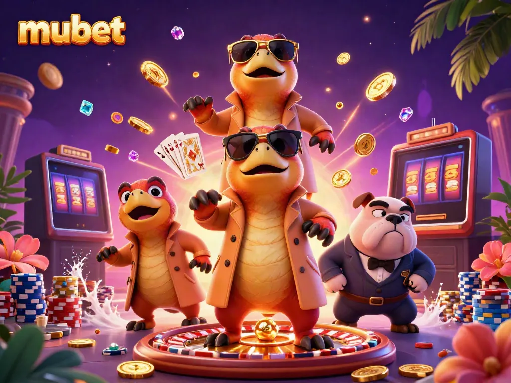 Experience the thrill of mubet with animated raptors in a trench coat entering a VIP casino lounge
