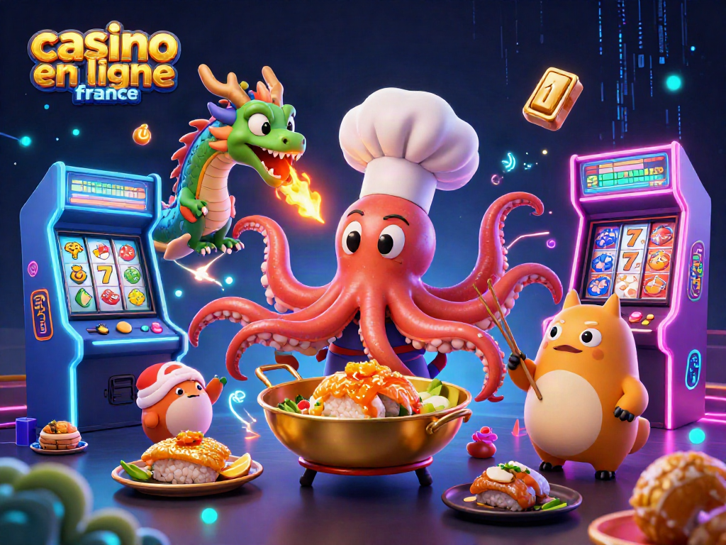 Illustration dynamique représentant le concept de 'casino en ligne france' avec un chef sushi poulpe, un dragon vert et un client tanuki.
