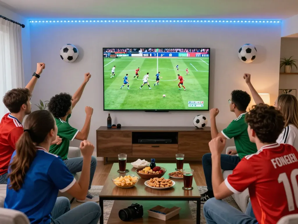 Excited fans enjoying Trực Tiếp Bóng Đá Cakhiatv during a live football match party at home.