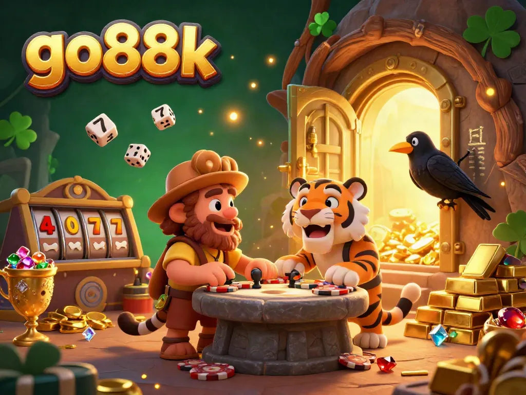 Engage with go88k at the lively prehistoric casino featuring a caveman, sabertooth tiger, and treasure-filled ambiance.