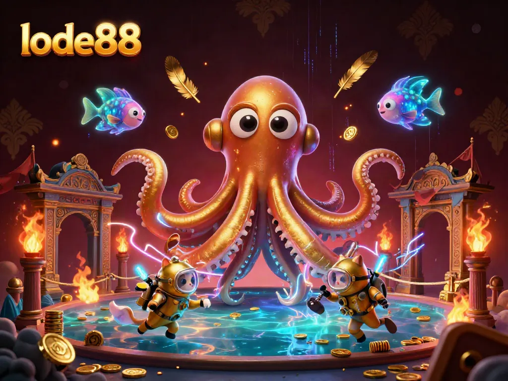 Experience thrilling jackpots at lode88 with a treasure-filled ocean scene featuring a kraken and diving cat.