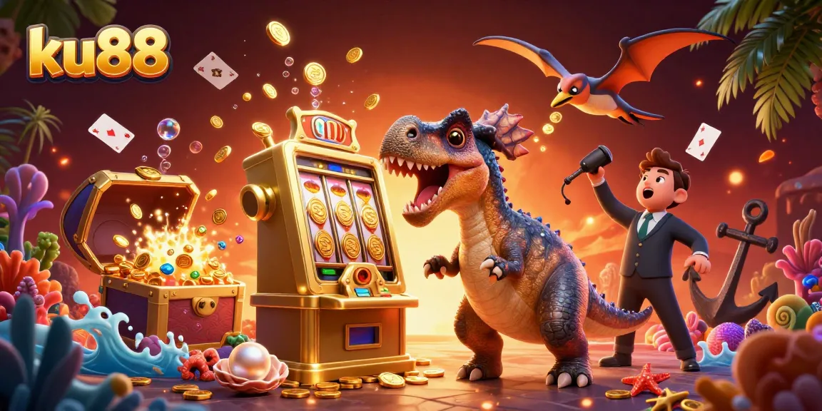 ku88 jackpot celebration scene with dinosaurs and a slot machine in an underwater treasure atmosphere