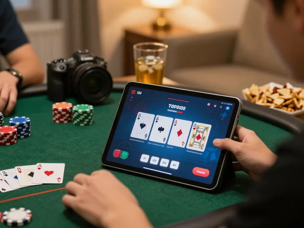 Player using gg88 to place bets on mobile poker game, surrounded by cozy home atmosphere.