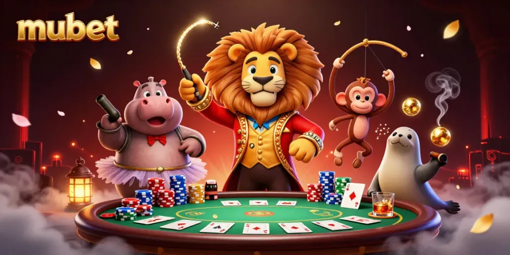 Join the fun at mubet with this 3D circus-themed casino illustration full of vibrant game elements.