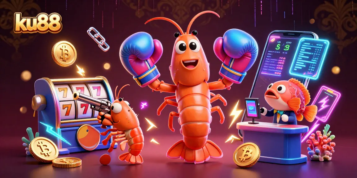 ku88 casino scene with vibrant shrimp characters and crypto elements, showcasing slot game excitement