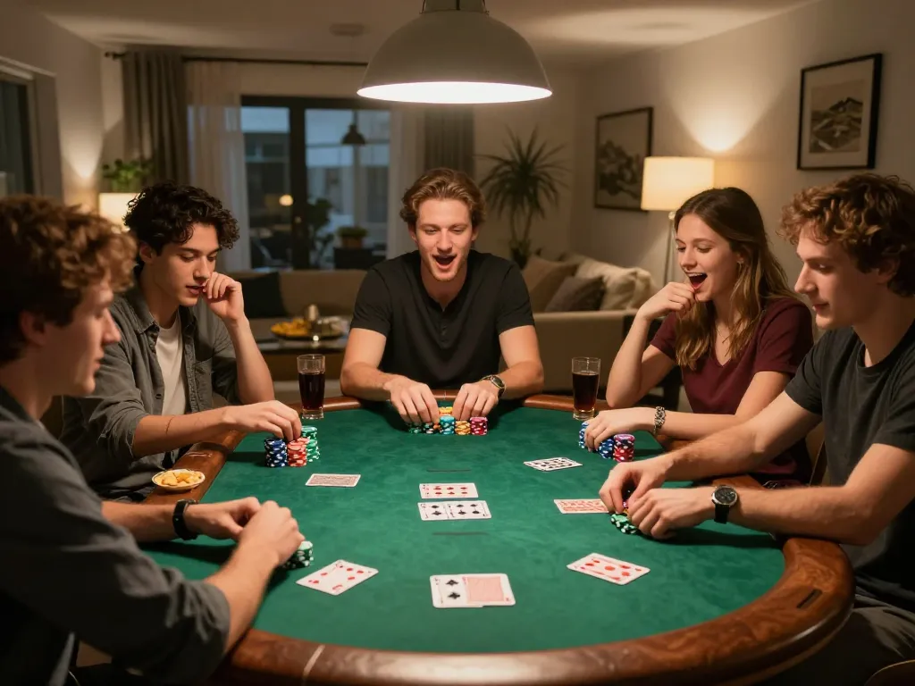 Friends playing poker at home, showcasing strategic gameplay and excitement in a cozy setting with MK8