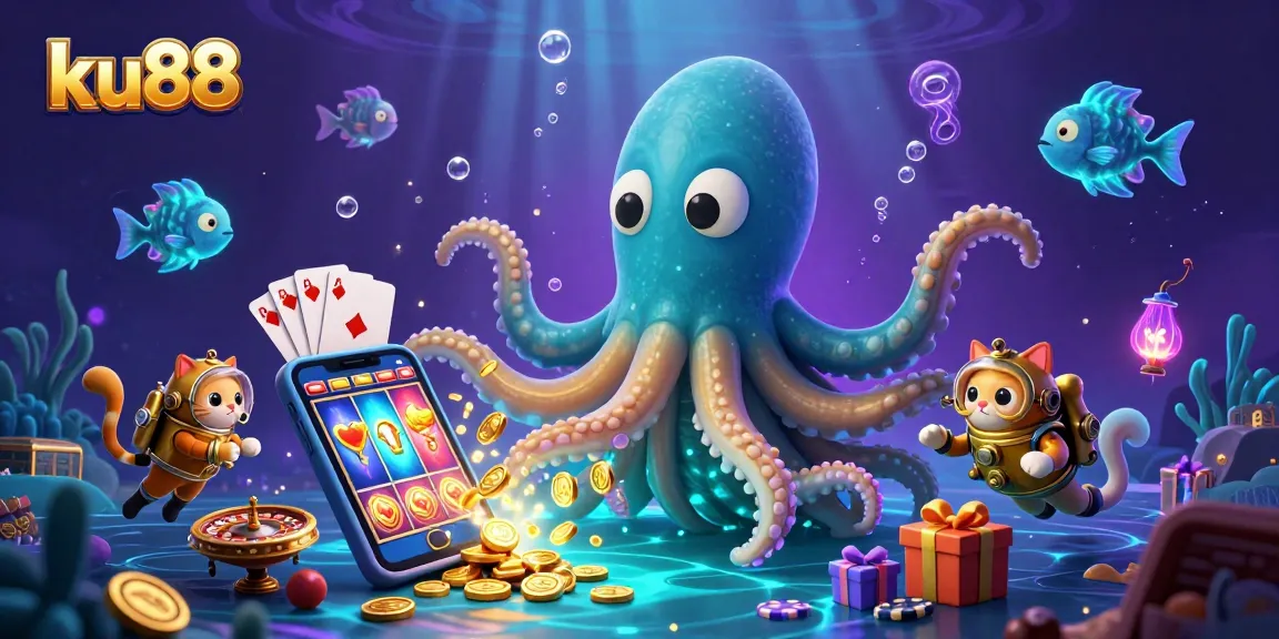 ku88 slots action scene featuring kraken and diving cat amid casino elements