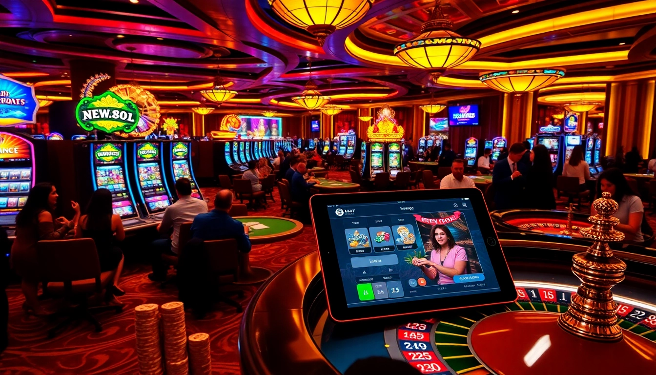 Exciting casino gaming scene showcasing https://new88.pet/ with vibrant slot machines, poker tables, and roulette.