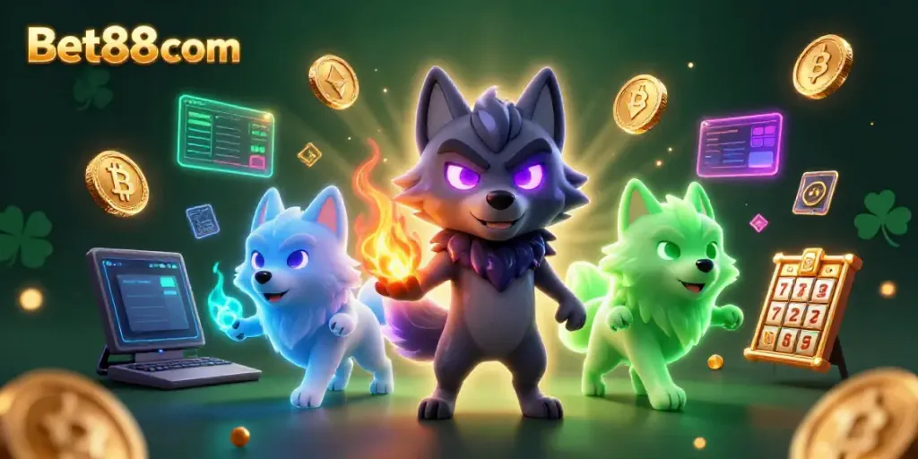 Experience the thrill of Bet88 com with a magical illustration of slot games and ghostly wolves in action.