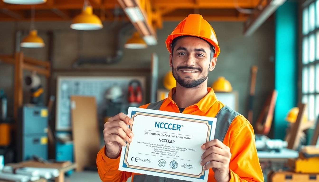 Showcase of an NCCER certification held by a professional in a workshop, emphasizing pride and accomplishment.