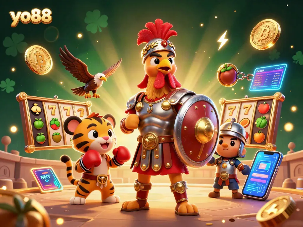 Experience thrill at yo88 with a vibrant 3D illustration of a gladiator rooster in a lively casino scene.