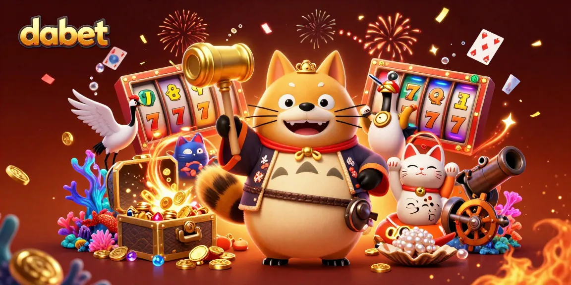 Dabet invites players to slot jackpots with a vibrant 3D illustration of a cheerful tanuki and lucky symbols.
