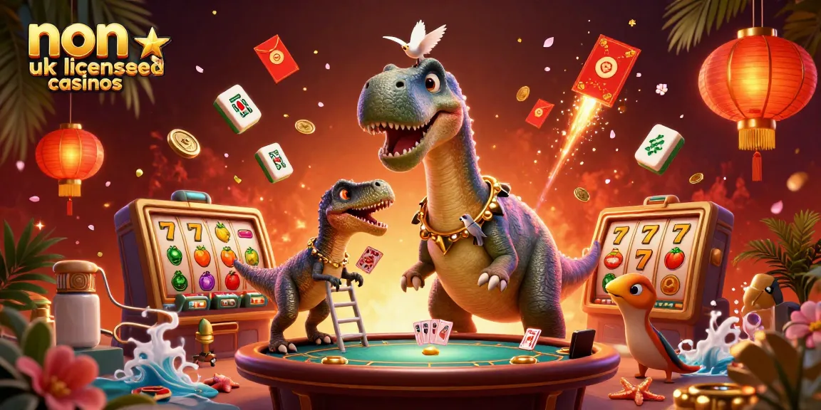 Experience the thrill of non uk licensed casinos with vibrant 3D illustration of epic gaming action and characters.