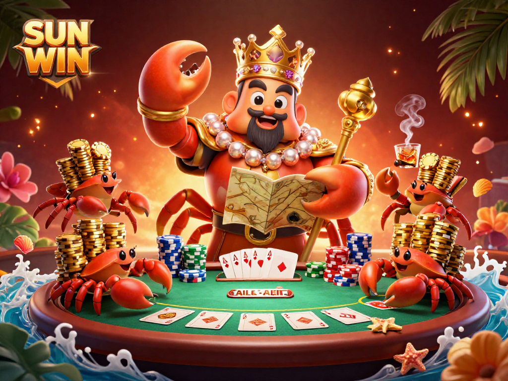 Experience thrilling gameplay at SUN WIN with a golden crab emperor presiding over a vibrant poker scene.