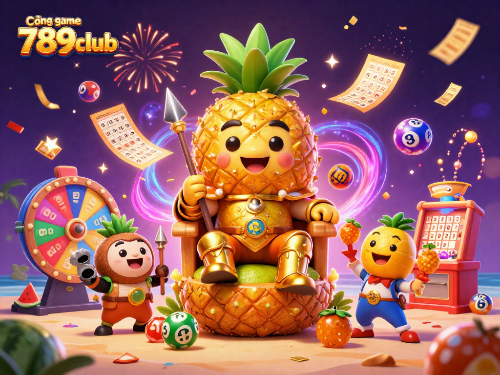 Cổng game 789club showcases a vibrant 3D scene with a pineapple king and dynamic gaming elements.