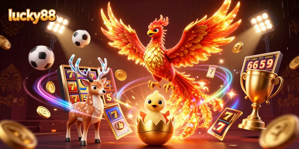 Engage with lucky88 casino promotions featuring dynamic slot machines, vibrant phoenix, and golden trophy elements.