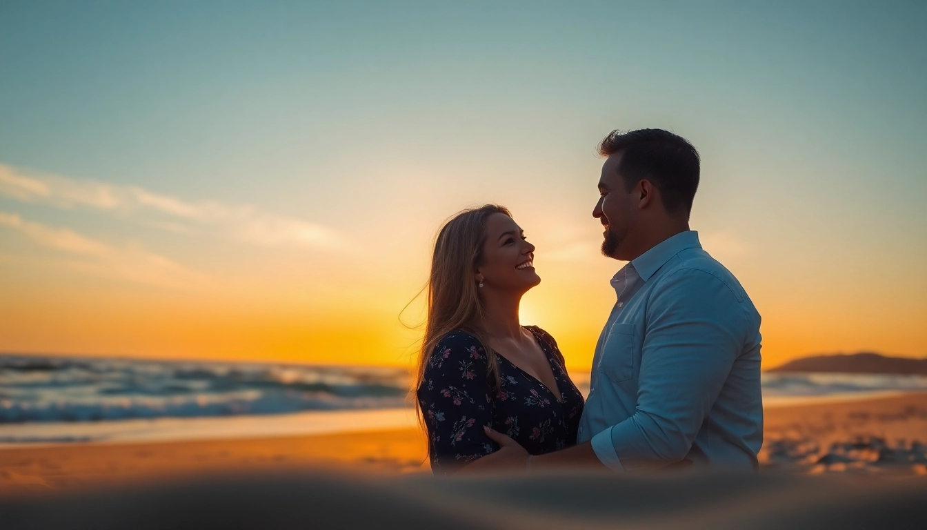 Destination photographer capturing a romantic moment during sunset on the beach.