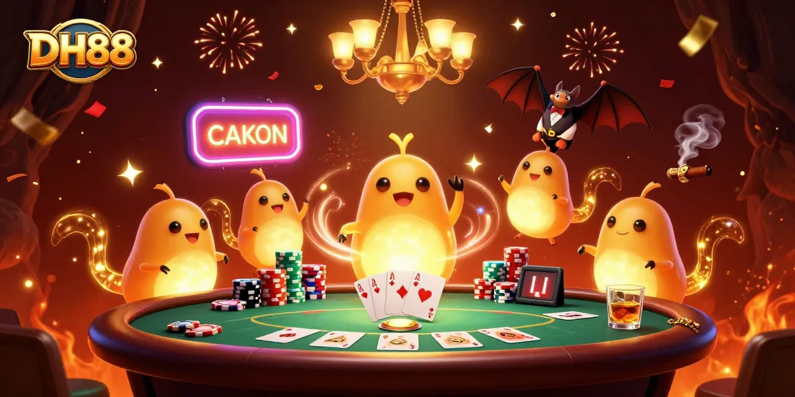 Experience the thrilling ambiance of DH88 casino with glowworms lighting up a poker table and a bat dealer in action.
