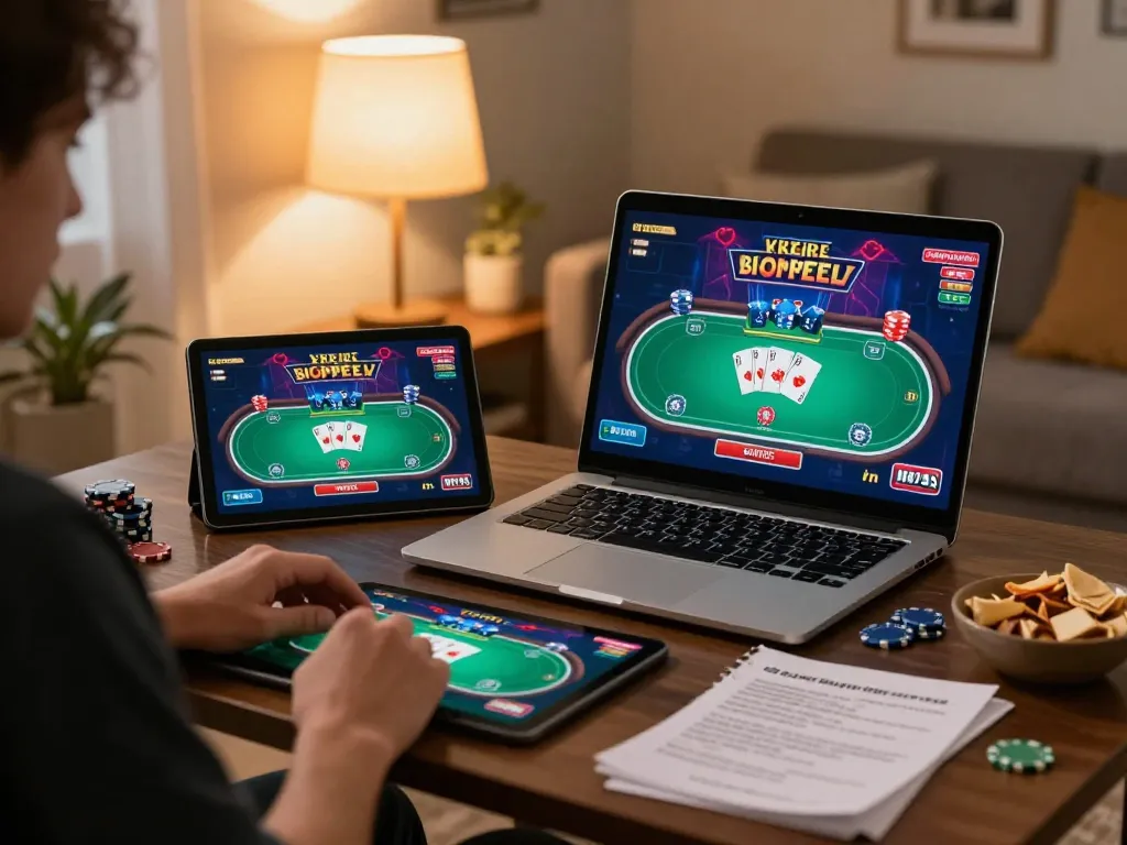 Engaged player using go99 on laptop and tablet in a cozy home gaming setup