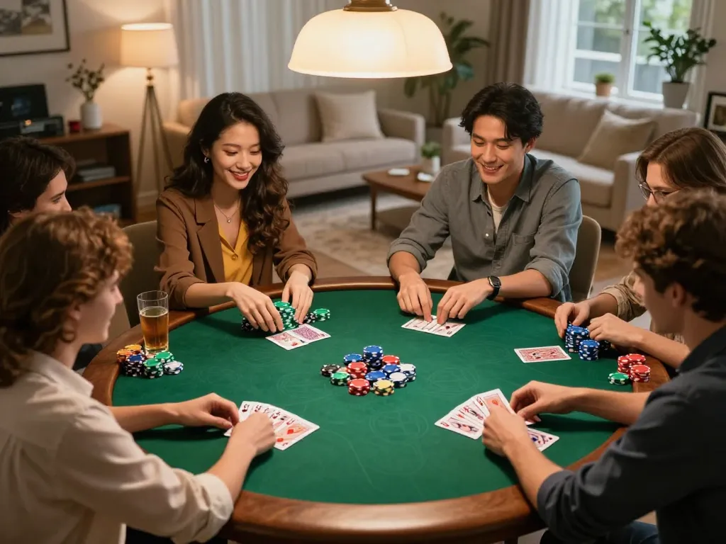 Group enjoying game bài đổi thưởng HITCLUB during lively poker night, showcasing strategic gameplay and camaraderie.