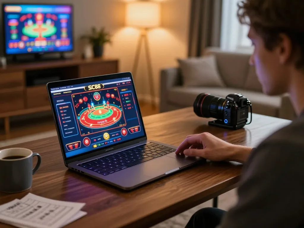 Engaging online gaming session on SC88 platform with laptop displaying exciting casino gameplay
