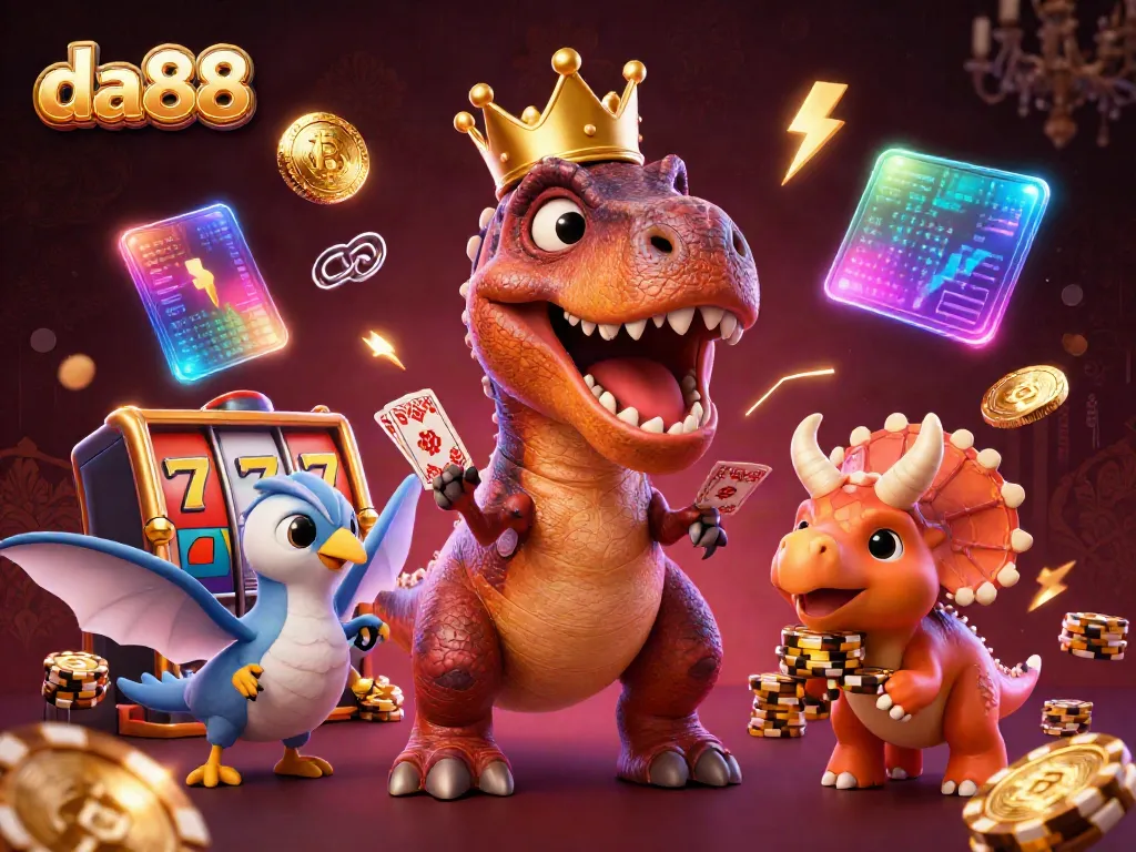 Experience thrilling gaming action with da88 as a T-Rex shuffles cards and a baby triceratops stacks chips.